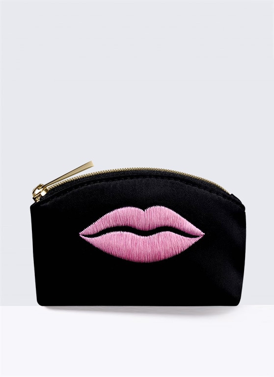 Black Pouch with Pink Lips Print
